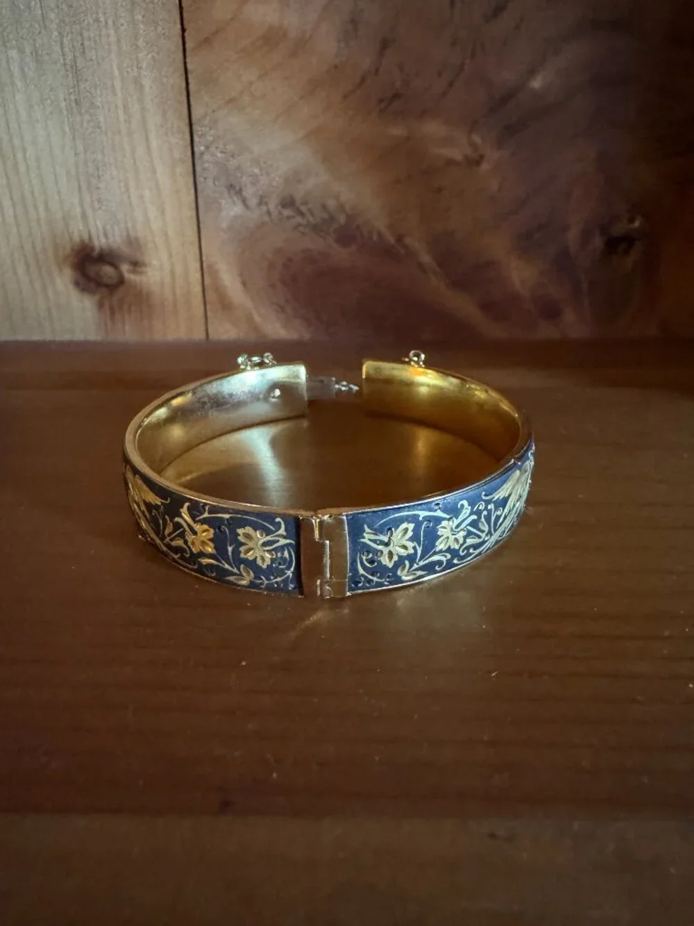 Vintage Damascene Gold Black Hinged Bracelet With Chain Bird-of-paradise
